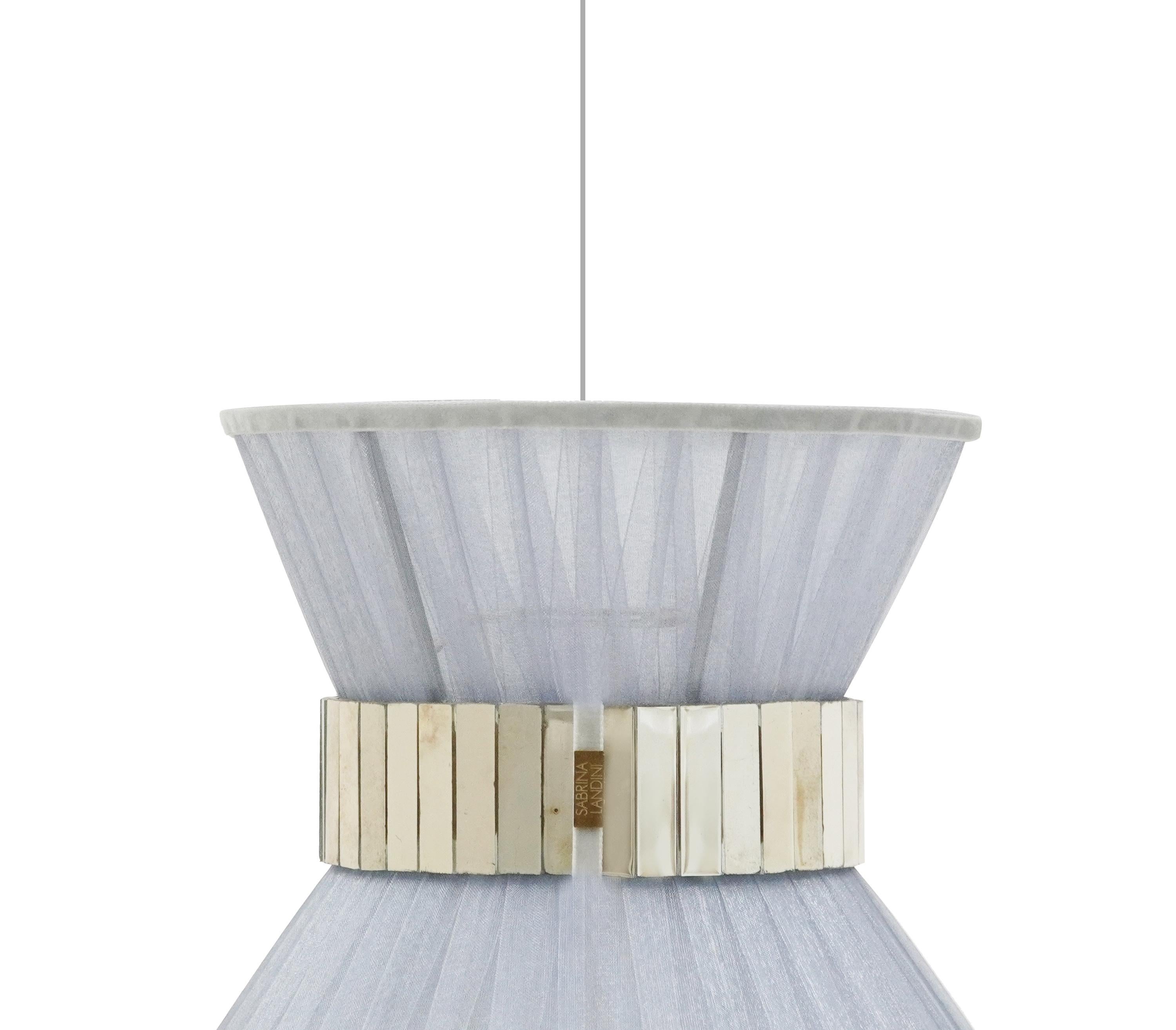 Modern Tiffany Contemporary Hanging Lamp 23, Silver Silk, Glass