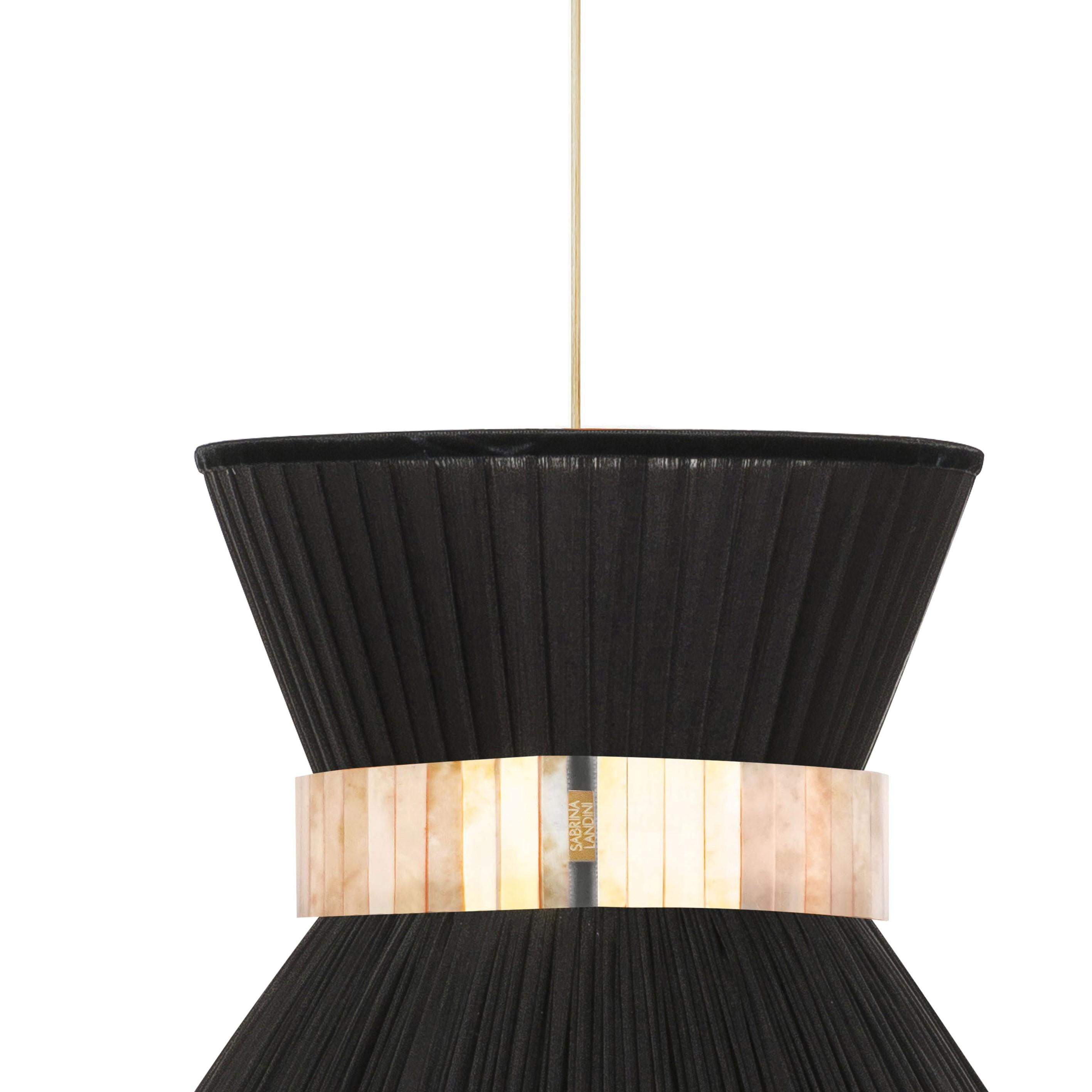 Tiffany Contemporary Hängelampe 30, schwarze Seide, versilbertes Glas (Moderne) im Angebot