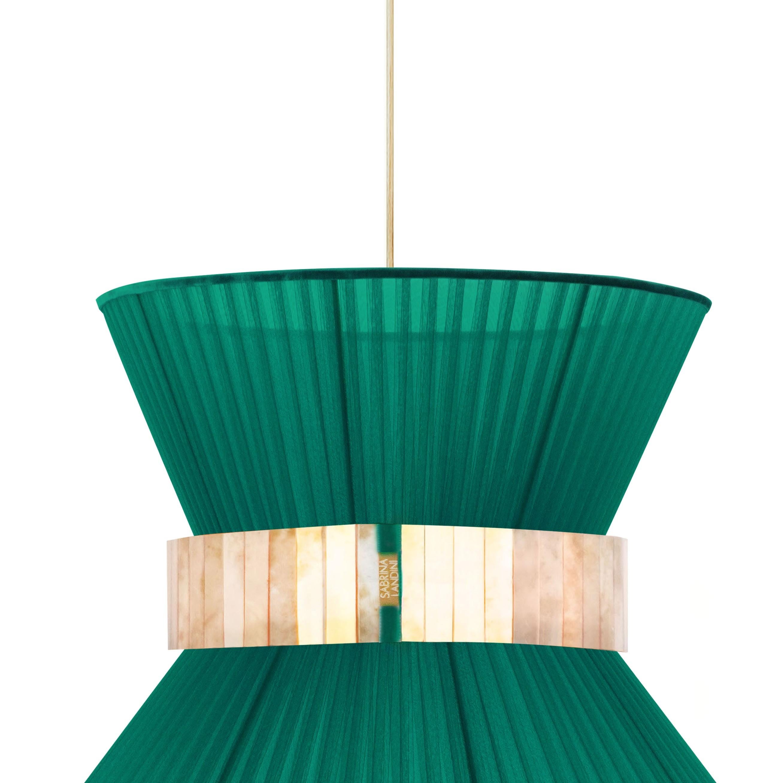 Lámpara Colgante Tiffany Contemporánea 30, Seda Esmeralda, Cristal Plateado Moderno en venta