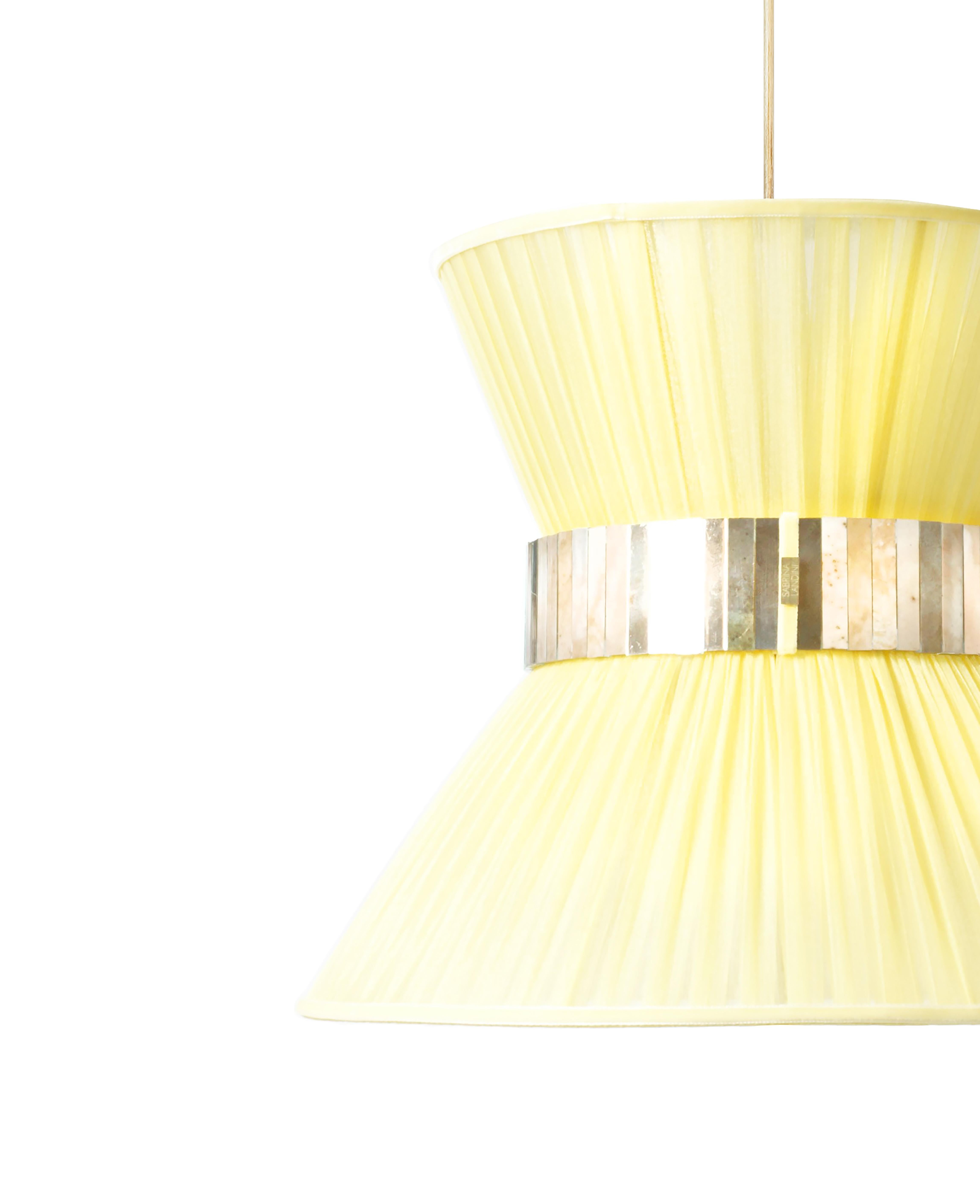 Moderne Lampe suspendue contemporaine Tiffany 30, verre argenté soie citron en vente
