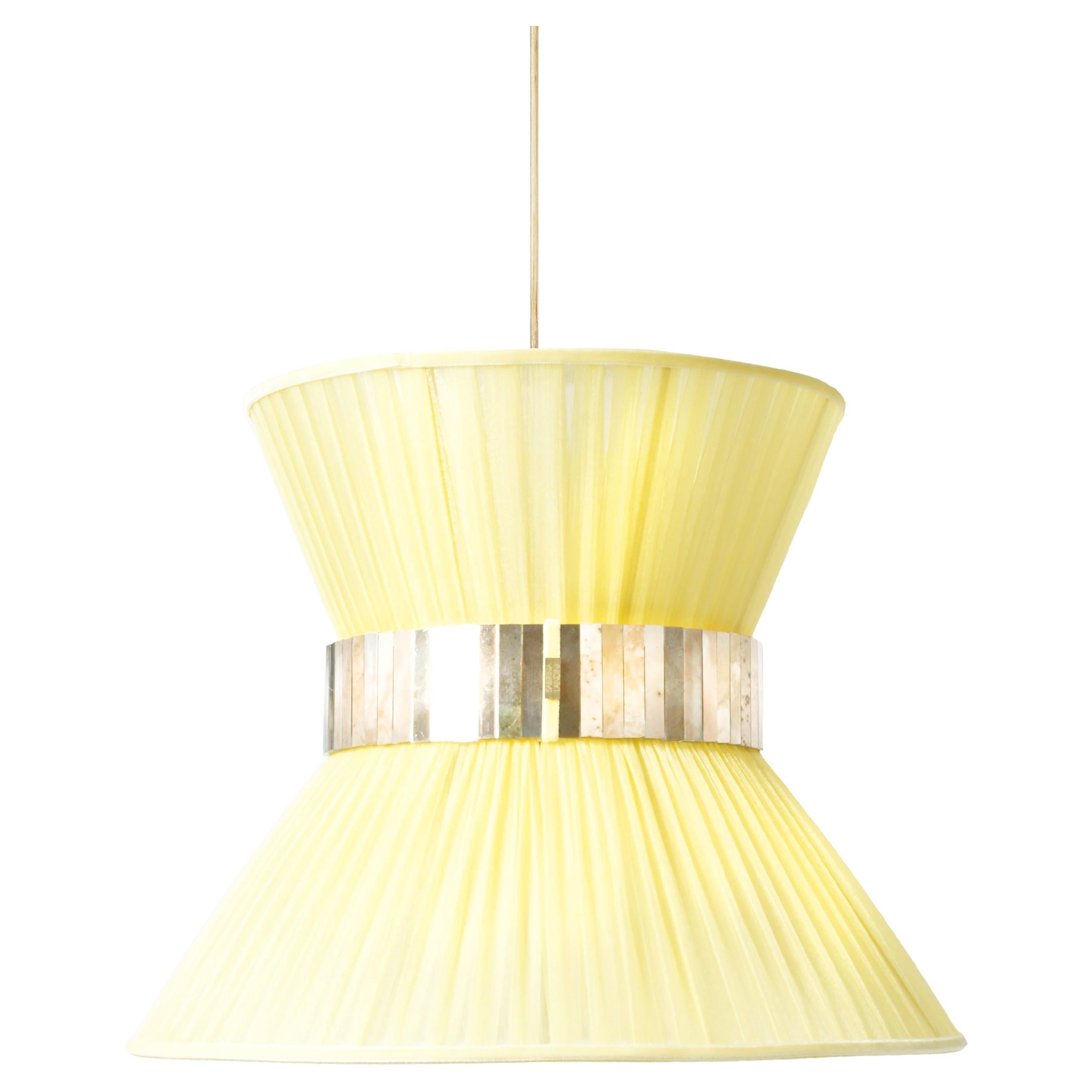 Lampe suspendue contemporaine Tiffany 30, verre argenté soie citron