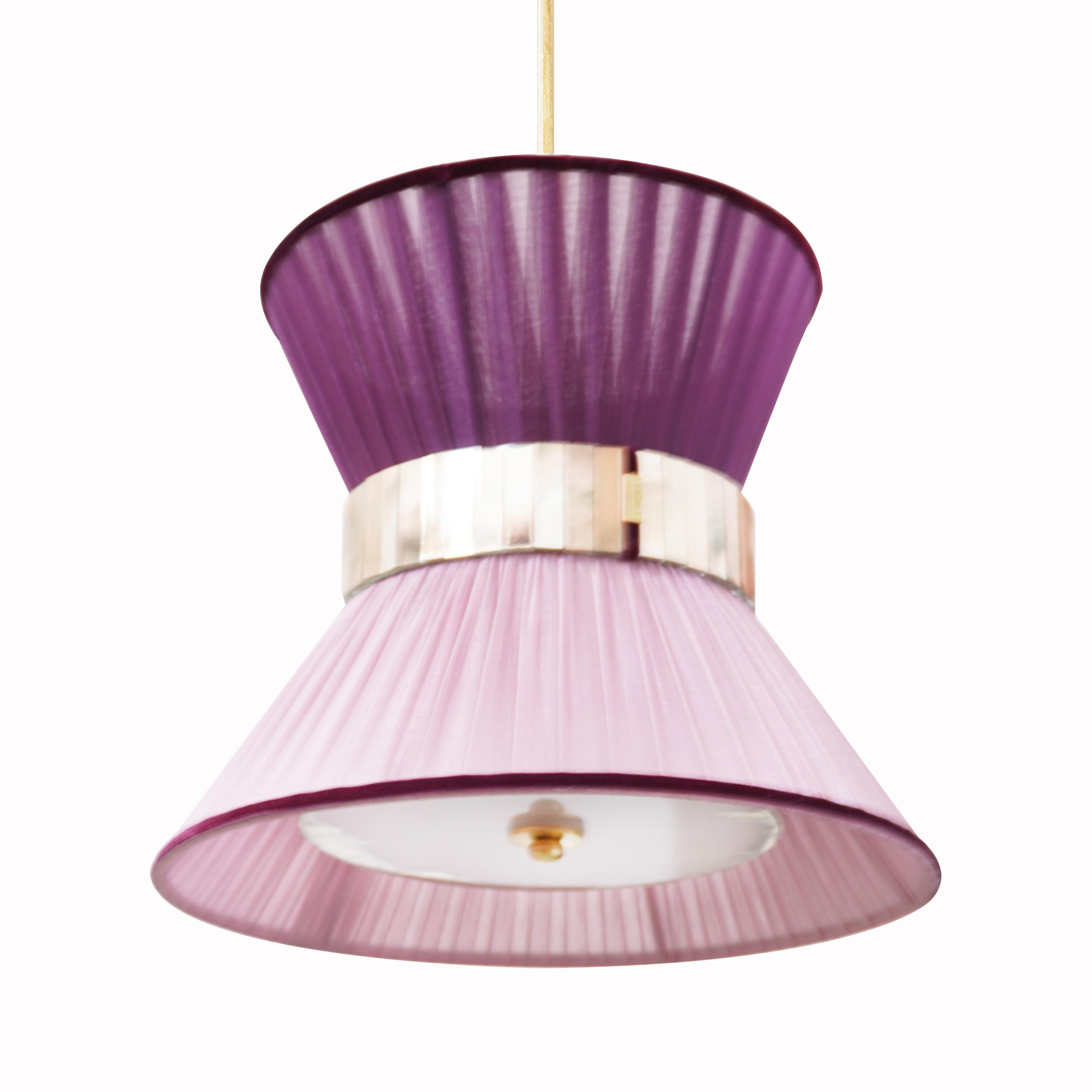Italian Tiffany Contemporary Hanging Lamp 30, onion-purple Silk, Silvered Glass For Sale