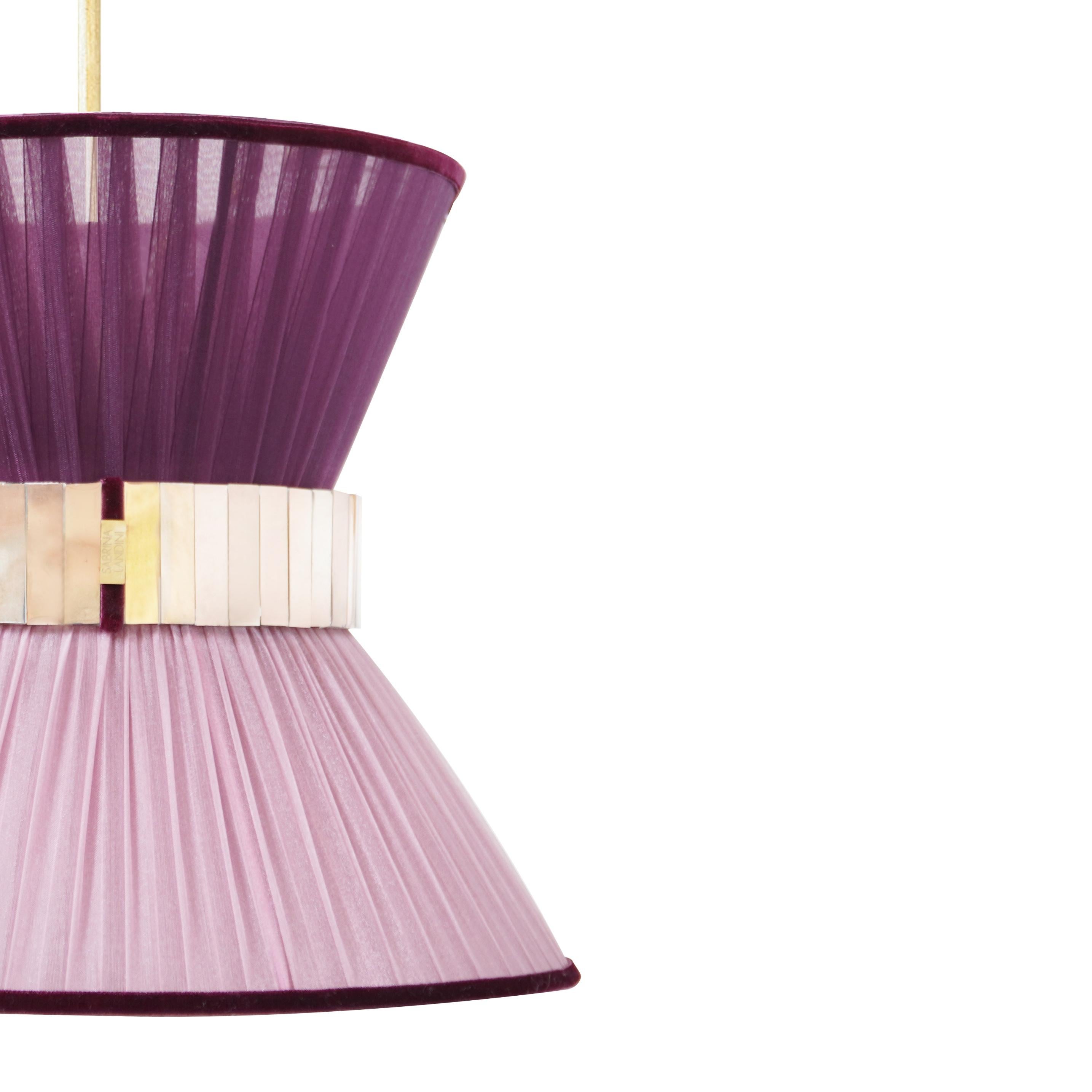 Tiffany Contemporary Hängelampe 30, zwiebel-violette Seide, versilbertes Glas (Moderne) im Angebot