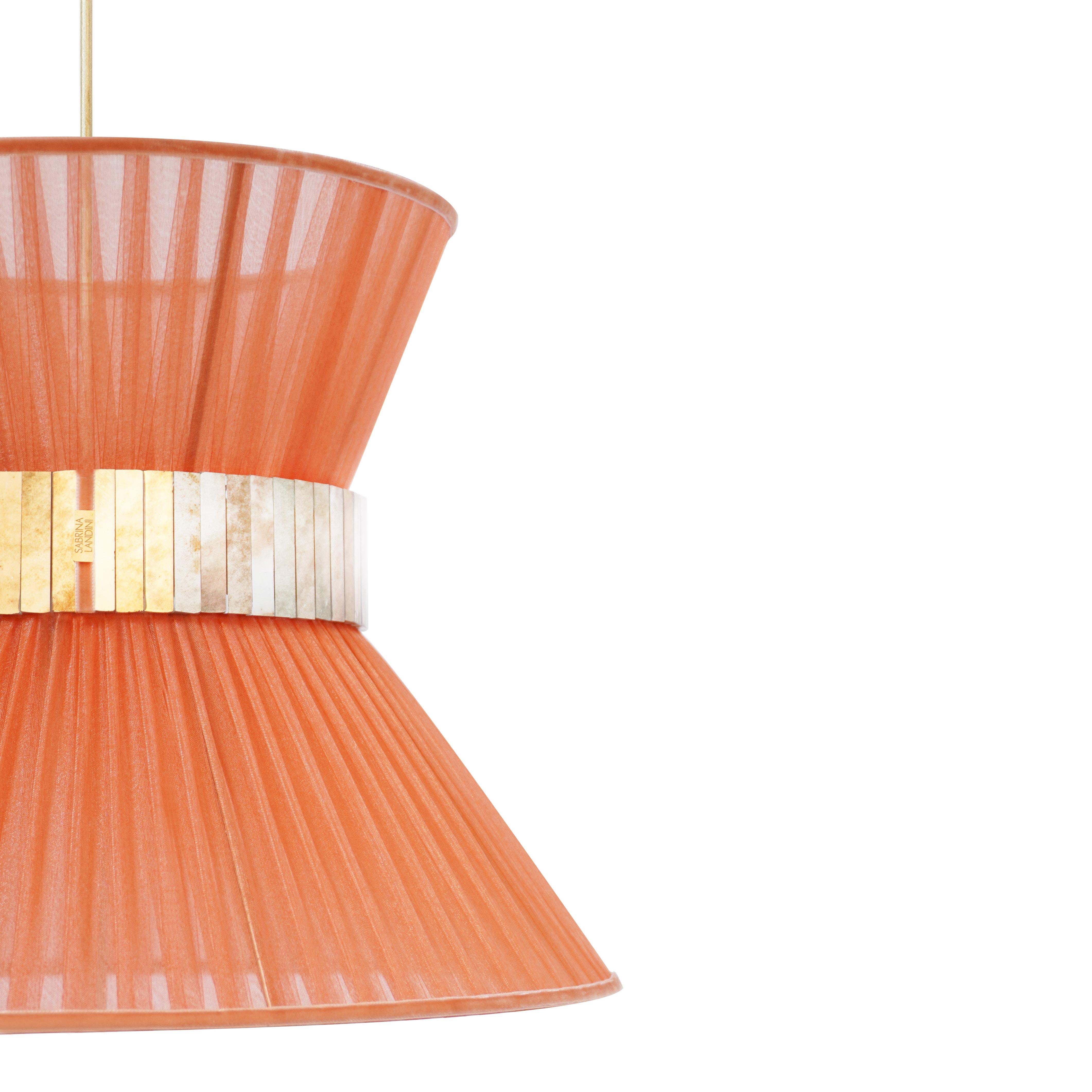 Italian Tiffany Contemporary Hanging Lamp 30, Orange Silk, Silvered Glass For Sale
