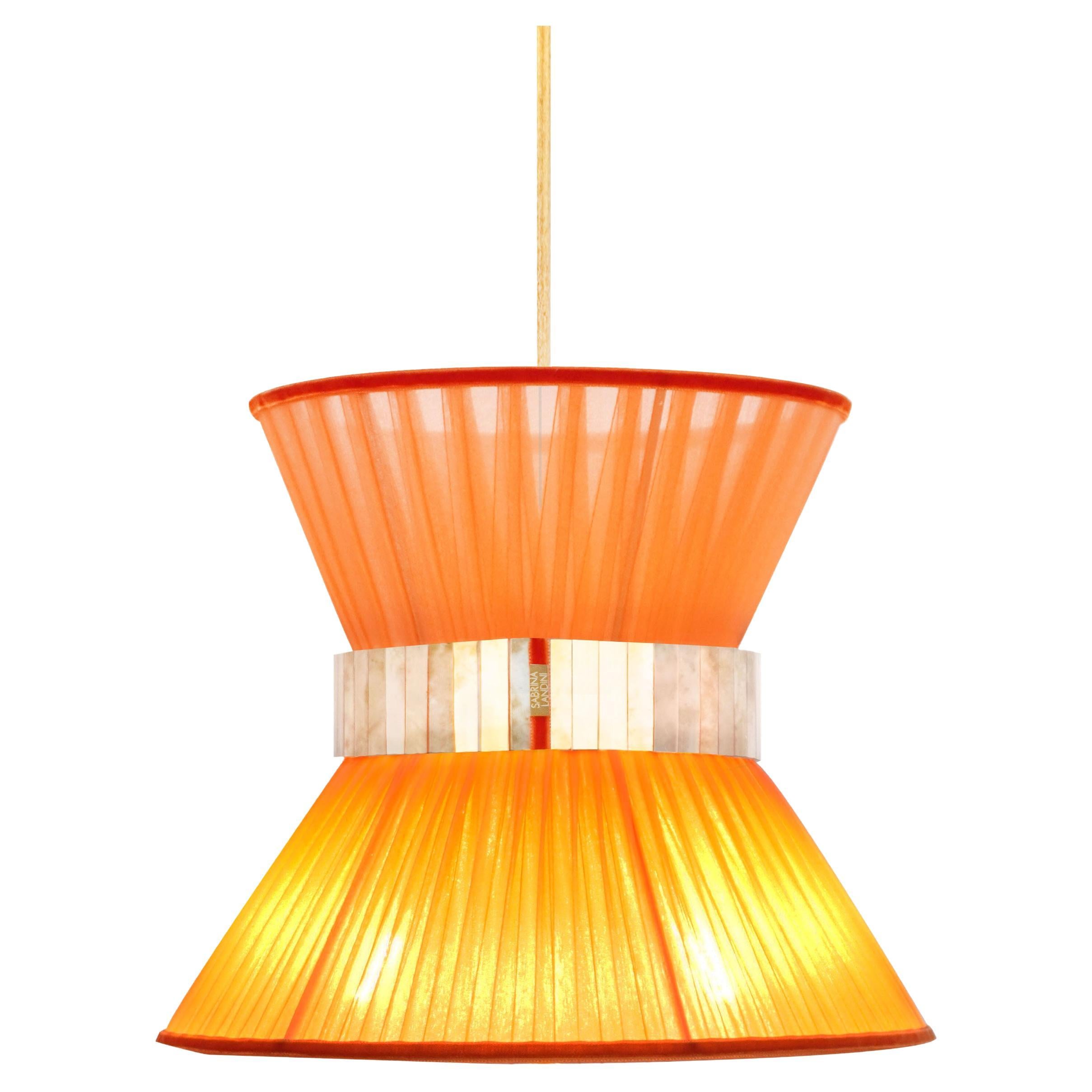 Tiffany Contemporary Hanging Lamp 30, Orange Silk, Silvered Glass For Sale