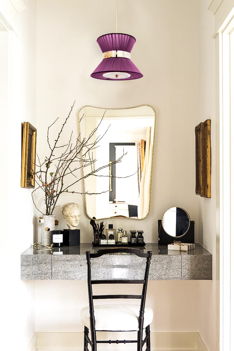 Lampe suspendue contemporaine Tiffany 30, verre argenté soie violet, laiton Neuf - En vente à Pietrasanta, IT