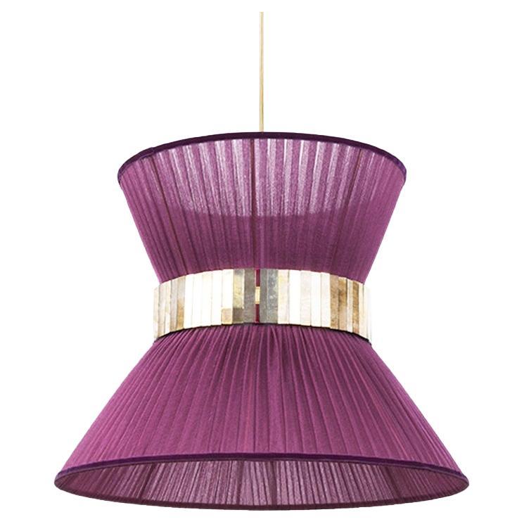 Lampe suspendue contemporaine Tiffany 30, verre argenté soie violet, laiton