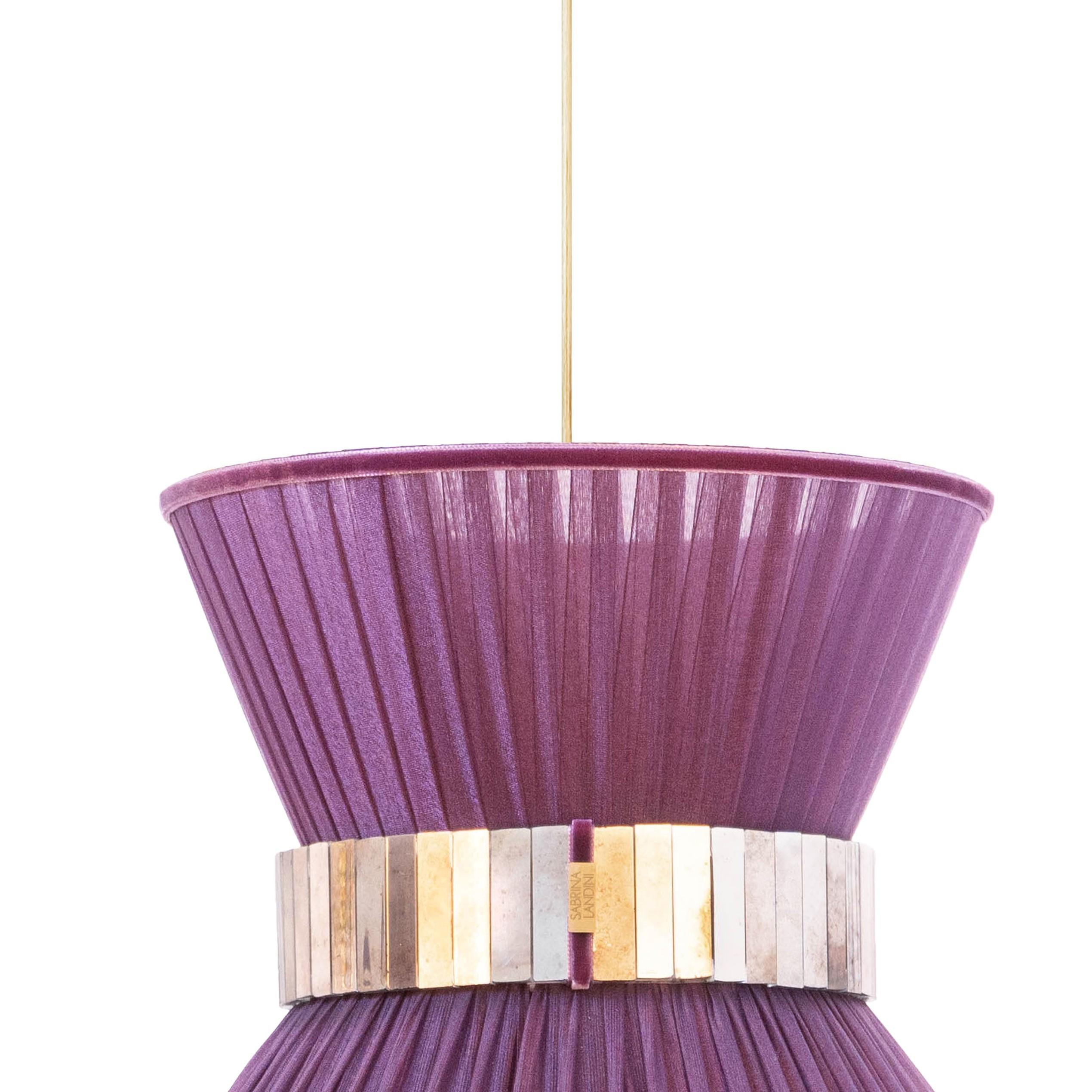 Modern Tiffany Contemporary Hanging Lamp 30, Purple Silk, Silvered Glass For Sale