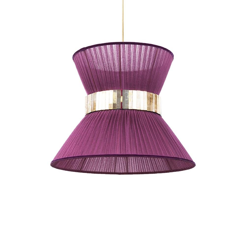 Italian Tiffany Contemporary Hanging Lamp 30, Purple Silk, Silvered Glass For Sale
