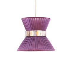 Tiffany Contemporary Hanging Lamp 30, Purple Silk, Silvered Glass