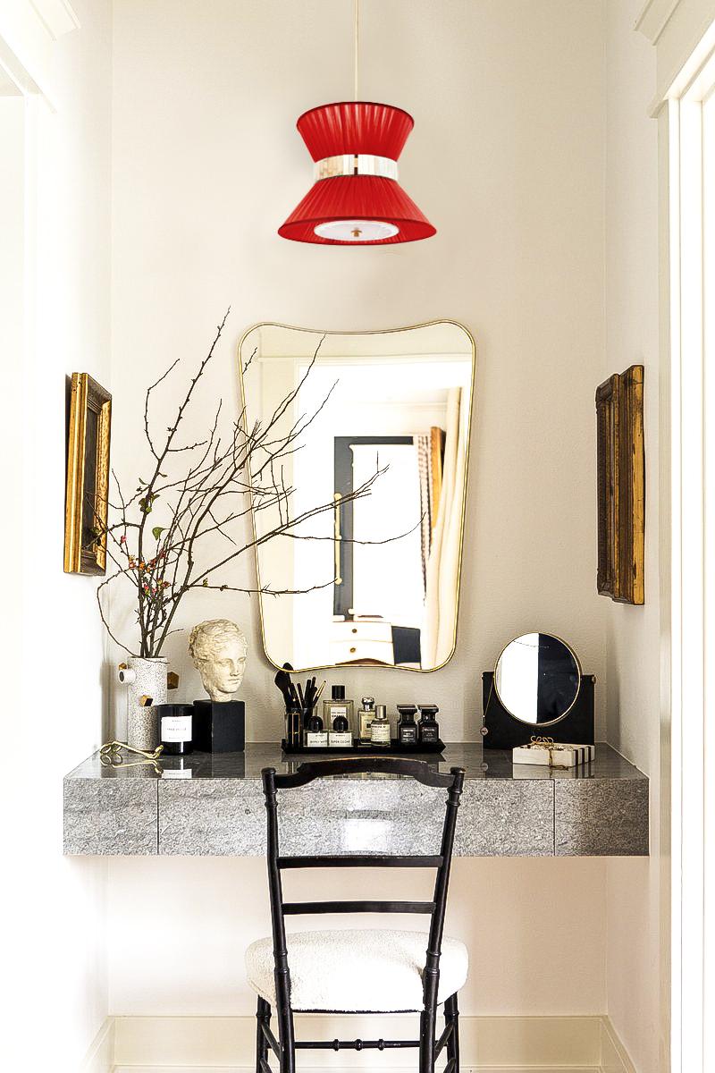 Lampe suspendue contemporaine Tiffany 30, verre de soie argenté rouge rouille, laiton Neuf - En vente à Pietrasanta, IT