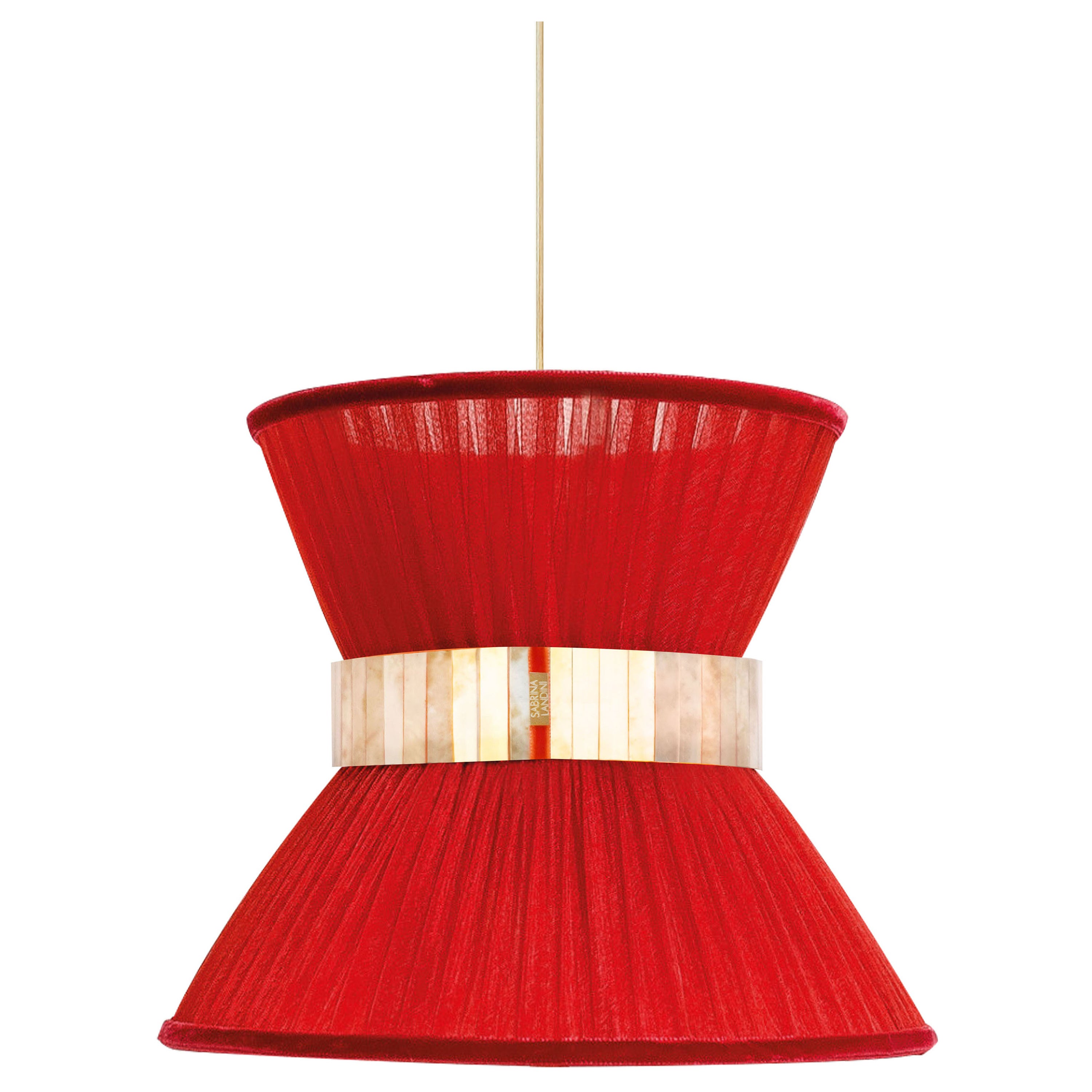 Lampada a sospensione contemporanea Tiffany 30, seta rosso-ruggine, vetro argentato
