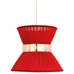 Lampada a sospensione contemporanea Tiffany 30, seta rosso-ruggine, vetro argentato