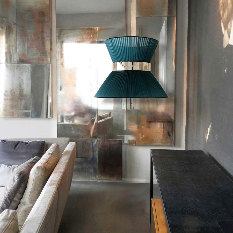 Lampada a sospensione contemporanea Tiffany 30, seta zaffiro, vetro argentato in vendita 2