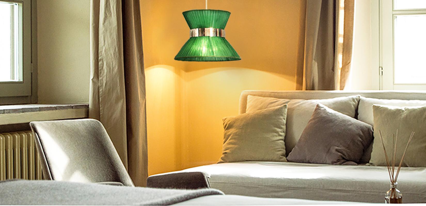 Lampada a sospensione contemporanea Tiffany 30, seta zaffiro, vetro argentato in vendita 3