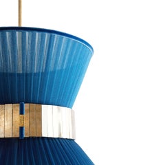 Tiffany Contemporary Hanging Lamp 30, Sapphire Silk, Silvered Glass