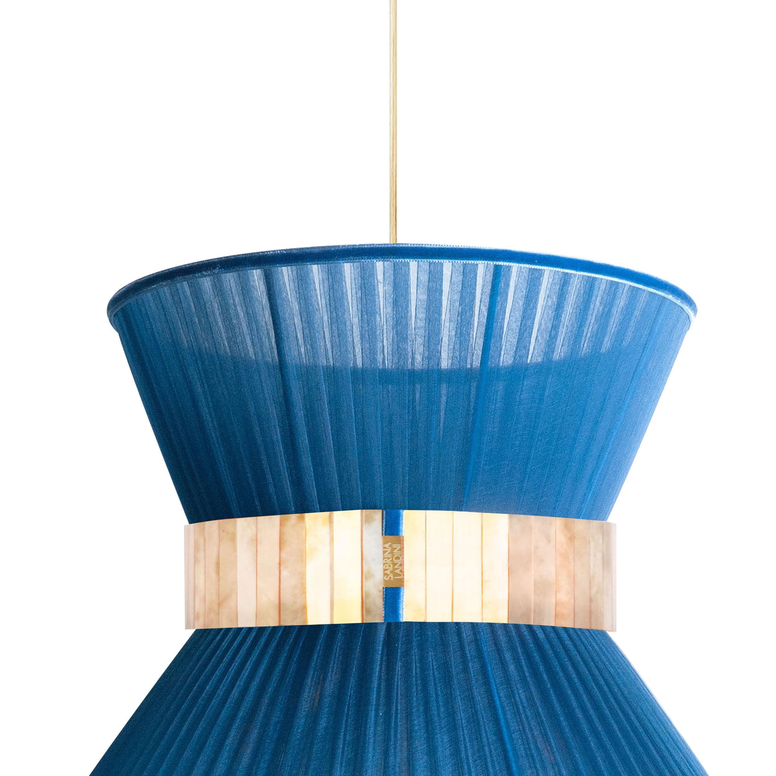 Lámpara Colgante Tiffany Contemporánea 30, Seda de zafiro, Cristal plateado Moderno en venta