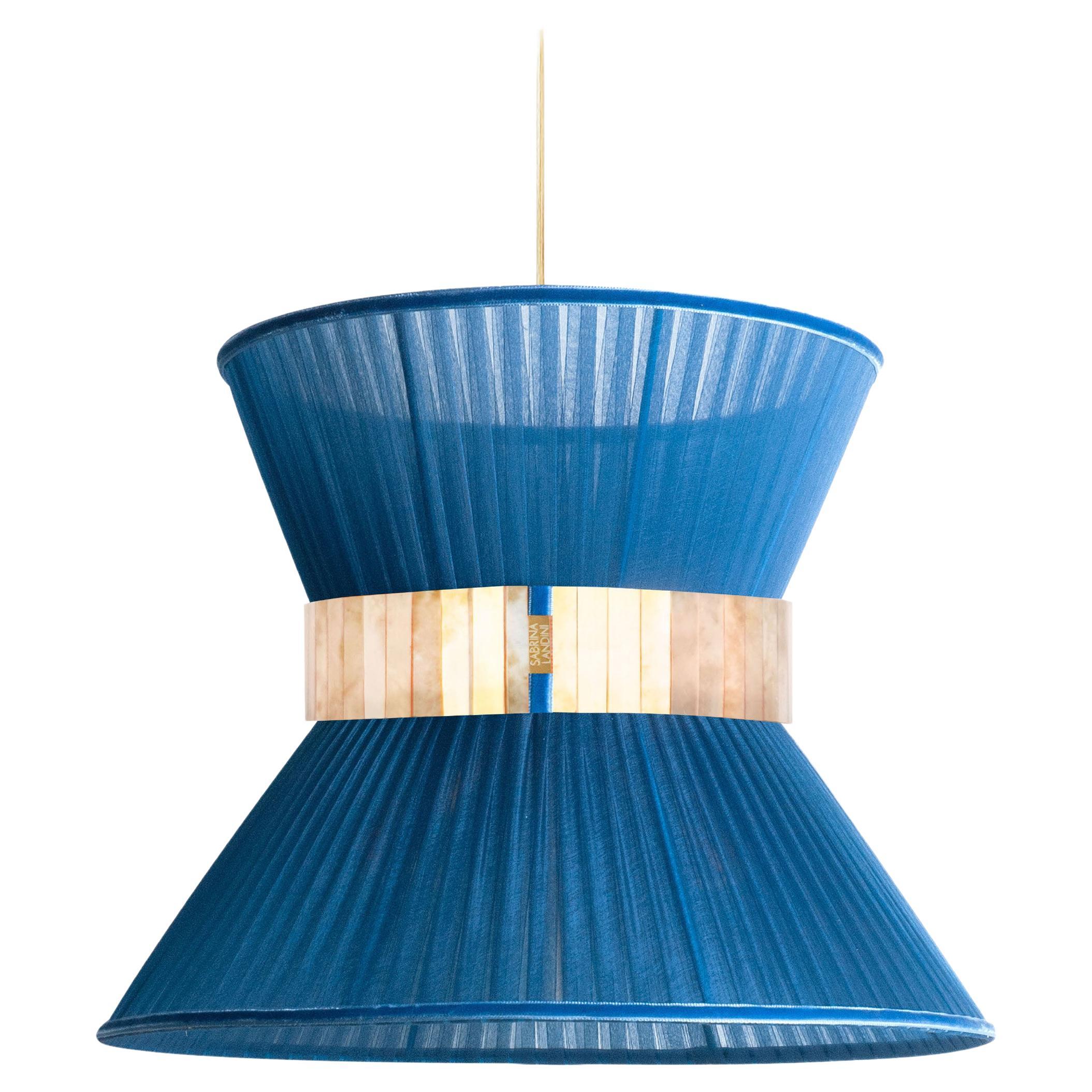 Lampada a sospensione contemporanea Tiffany 30, seta zaffiro, vetro argentato
