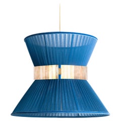Tiffany Contemporary Hanging Lamp 30, Sapphire Silk, Silvered Glass