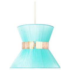 Tiffany Contemporary Hanging Lamp 30, Turqouise Silk, Silvered Glass