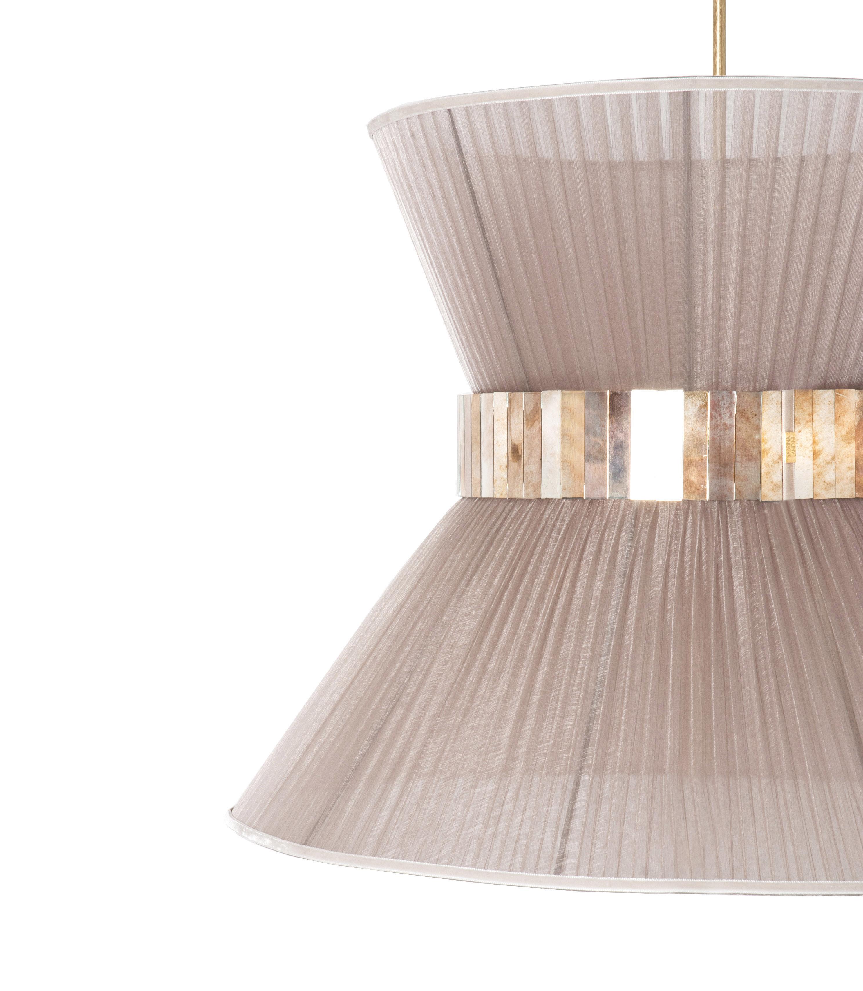 Moderne Lampe suspendue contemporaine Tiffany 40, verre argenté soie champagne en vente