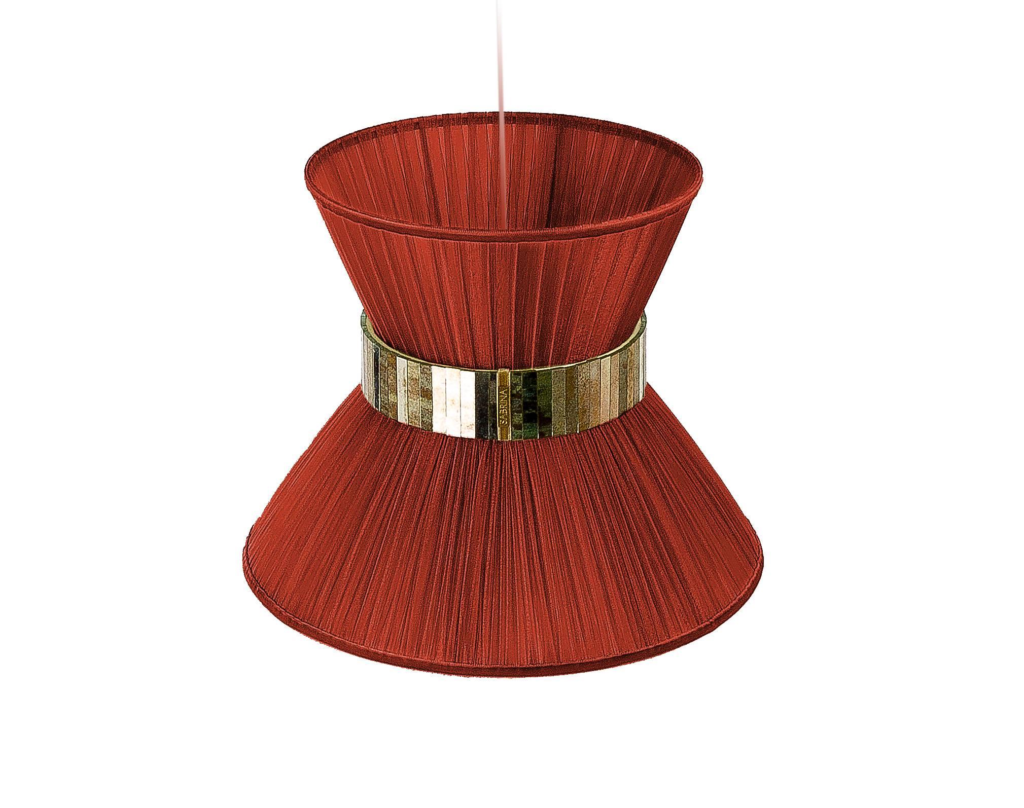 Moderne Lampe suspendue contemporaine Tiffany 30, verre de soie argenté rouge rouille, laiton en vente