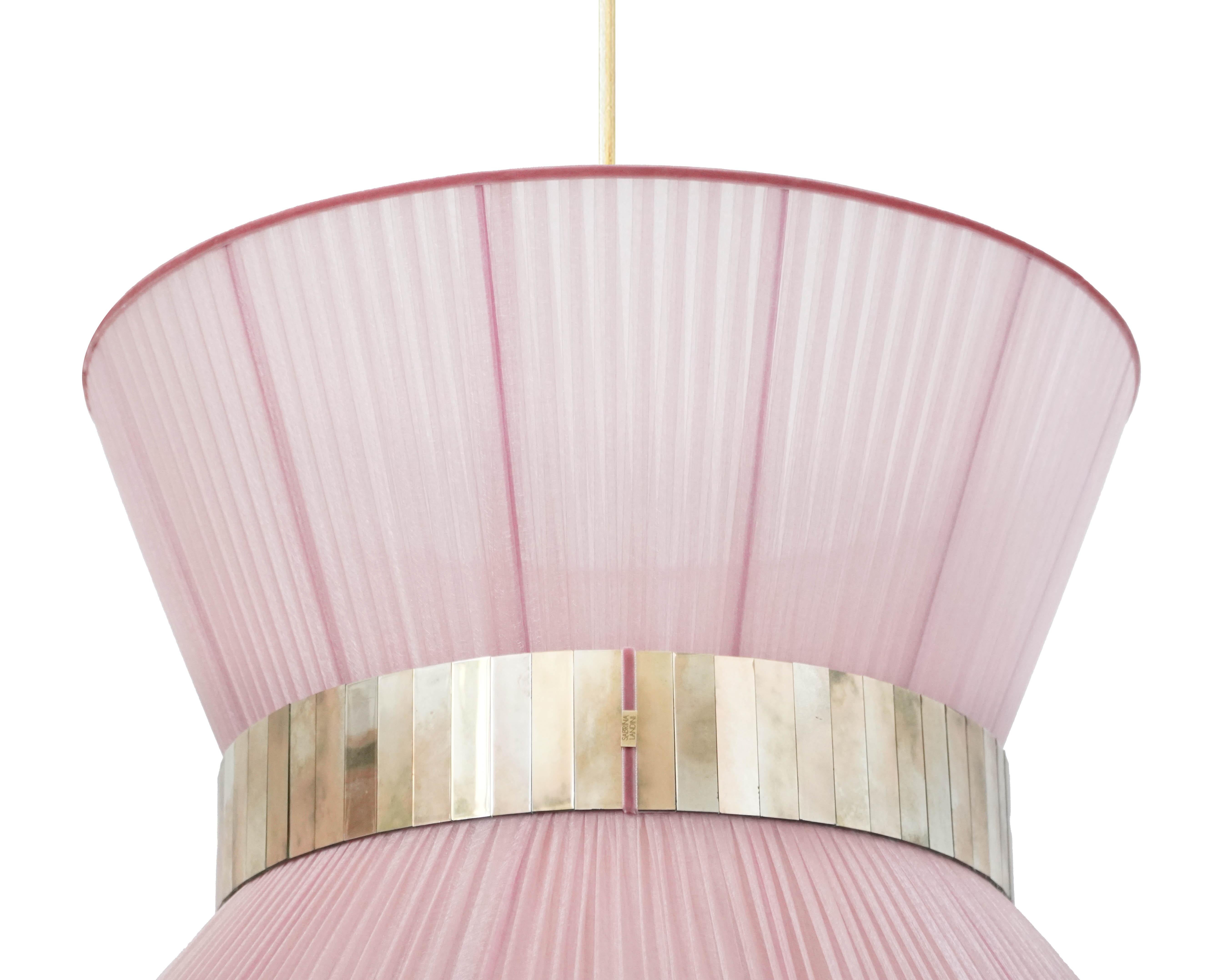 Modern Tiffany Contemporary Hanging Lamp, 60 Blush Silk Silvered Glass Brass For Sale