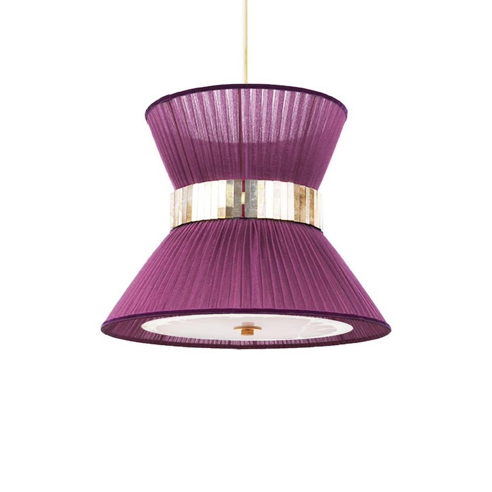 Moderne Lampe à suspension contemporaine Tiffany 60 Purple Silk Silvered Glass Brass Canopy en vente