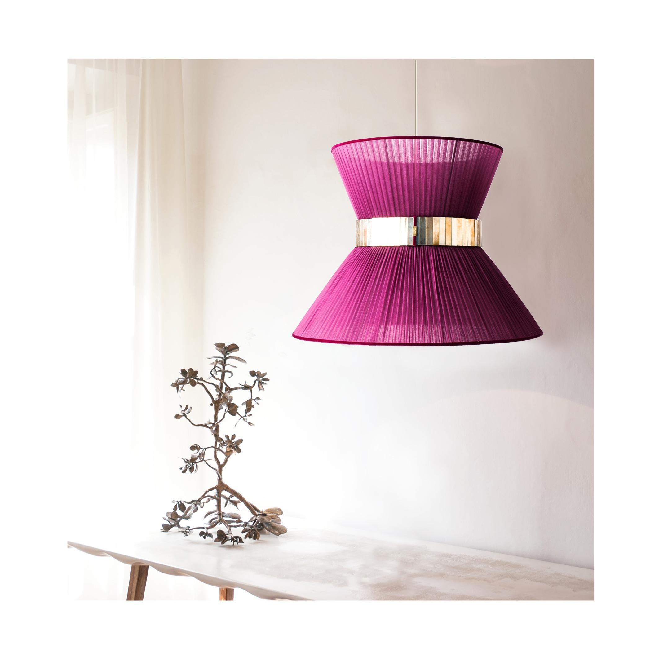 Argenté Lampe à suspension contemporaine Tiffany 60 Purple Silk Silvered Glass Brass Canopy en vente