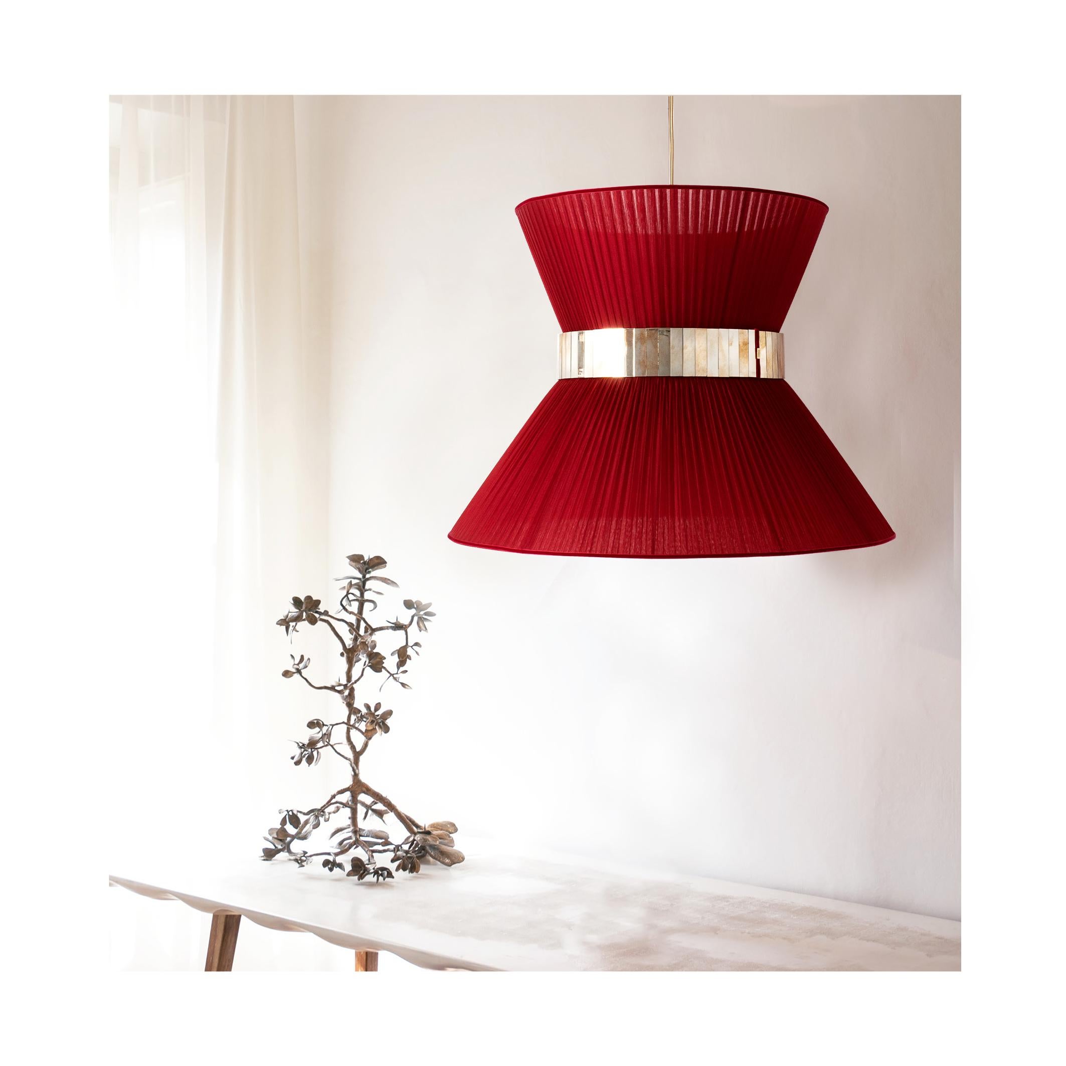 Tiffany Contemporary Hanging Lamp, 60 Red-Heart Silk Silvered Glass Brass In New Condition For Sale In Pietrasanta, IT
