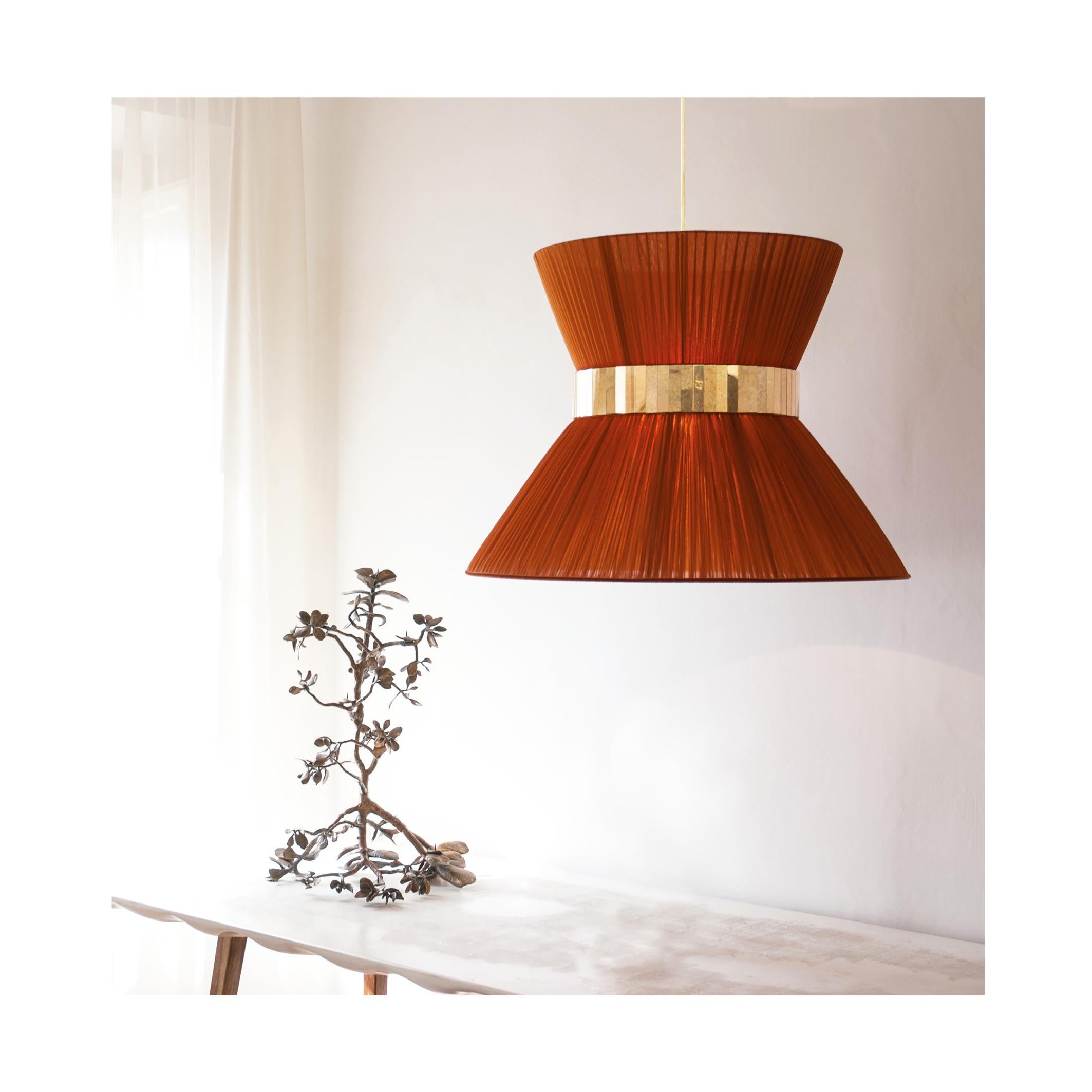 Tiffany Contemporary Hanging Lamp, 60 Rust-Red Silk Silvered Glass Brass In New Condition For Sale In Pietrasanta, IT