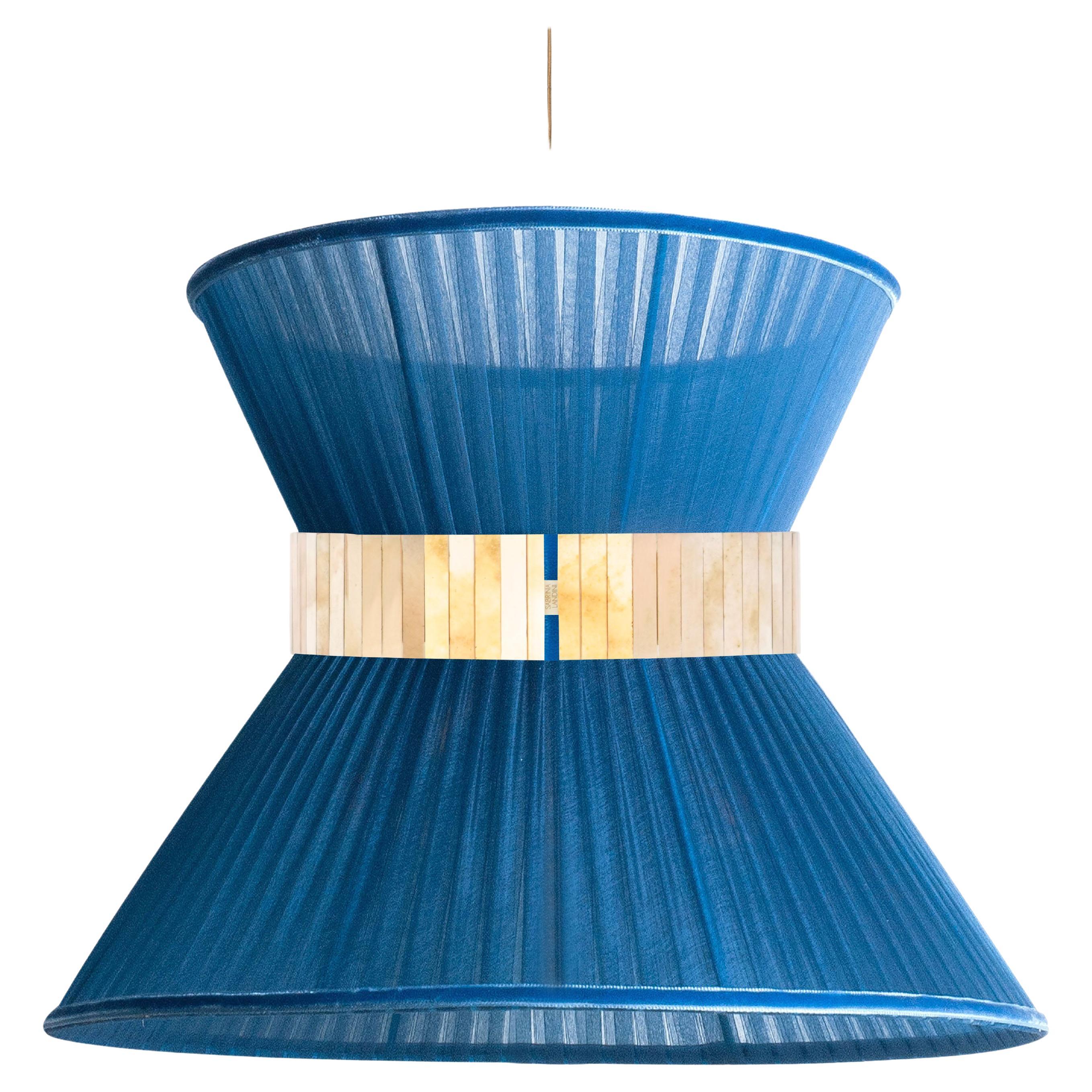 Tiffany Contemporary Hanging Lamp, 60 Sapphire Silk Silvered Glass Brass
