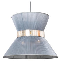 Tiffany Contemporary Hanging Lamp, 60 Silver-Lightblue Silk Silvered Glass Brass