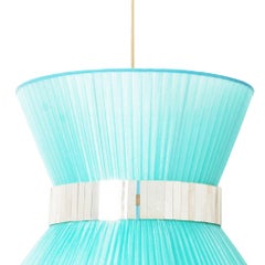 Tiffany Contemporary Hanging Lamp, 60 Turquoise Silk Silvered Glass Brass
