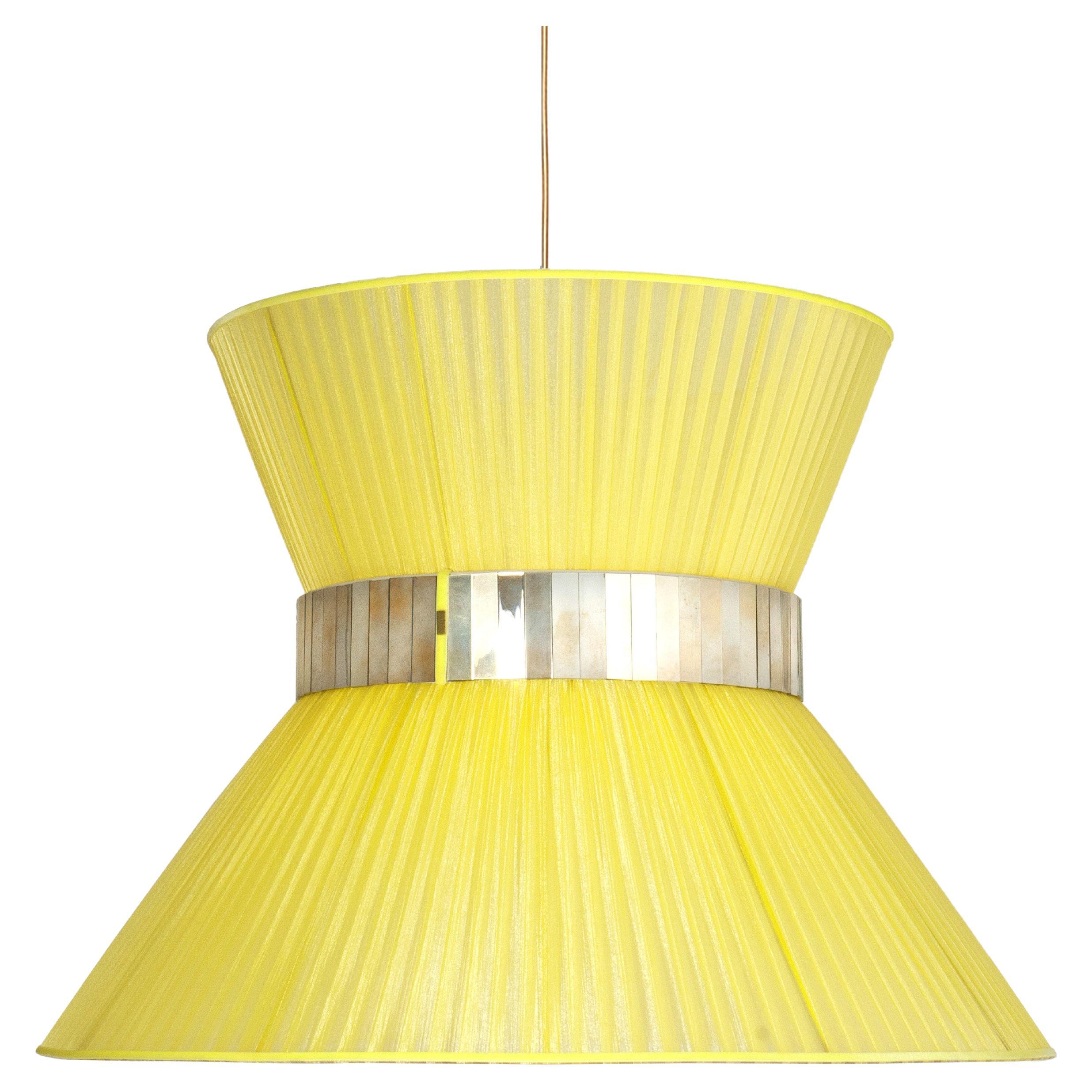Lampada a sospensione Tiffany contemporanea, vetro argentato 80 Lemon Silk, ottone