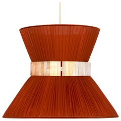 Tiffany Contemporary Hanging Lamp, 80 Rust-Red Silk Silvered Glass Brass