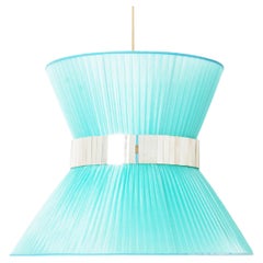 Tiffany Contemporary Hanging Lamp, 80 Turquoise Silk Silvered Glass Brass  