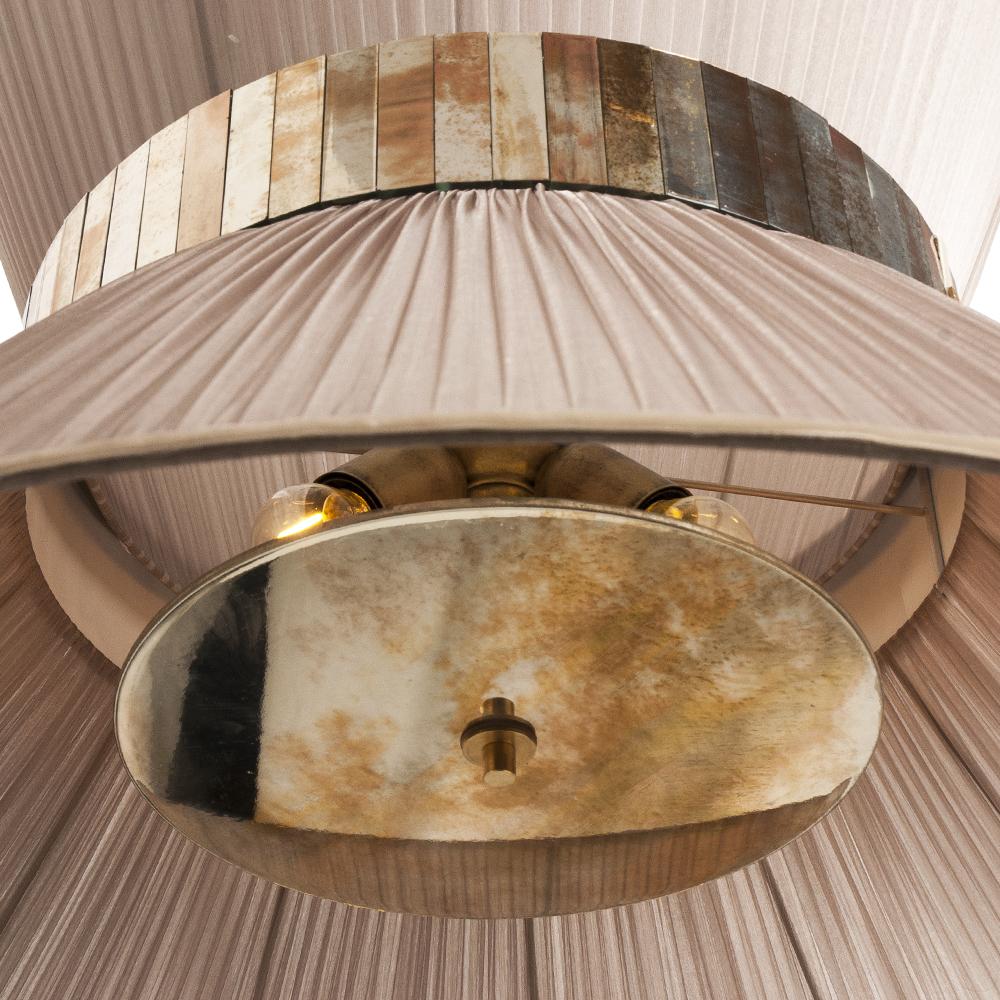 Italian Tiffany Contemporary Hanging Lamp Gold Silk Silvered Glass Brass Canopy