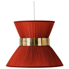 Tiffany Contemporary Hanging Lamp 30, Rust Red Silk Silvered Glass, Brass
