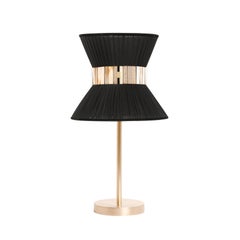 Lampe de table contemporaine Tiffany 23 soie noire, laiton, verre argenté