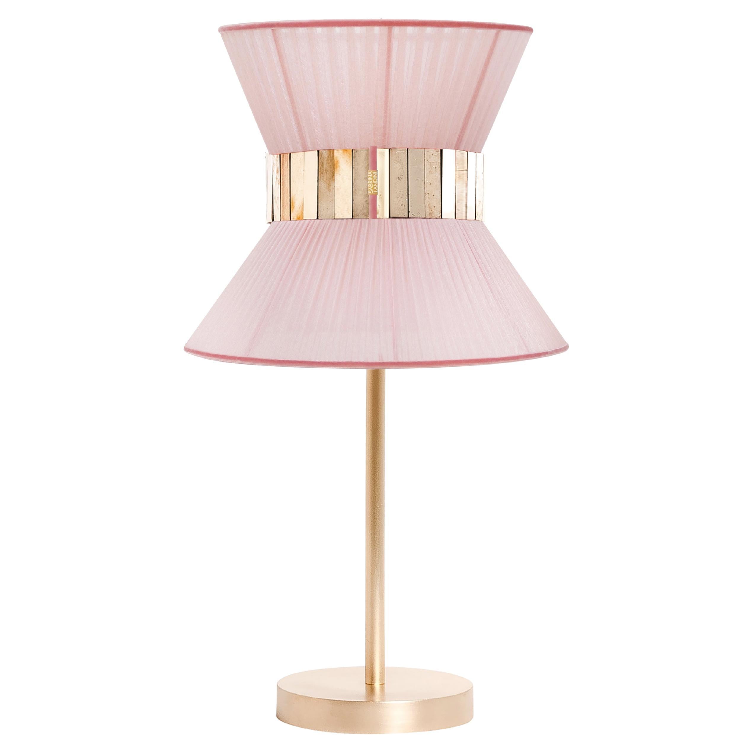  “Tiffany” contemporary Table Lamp 23 Blush Silk, Antiqued Brass, Silvered Glas