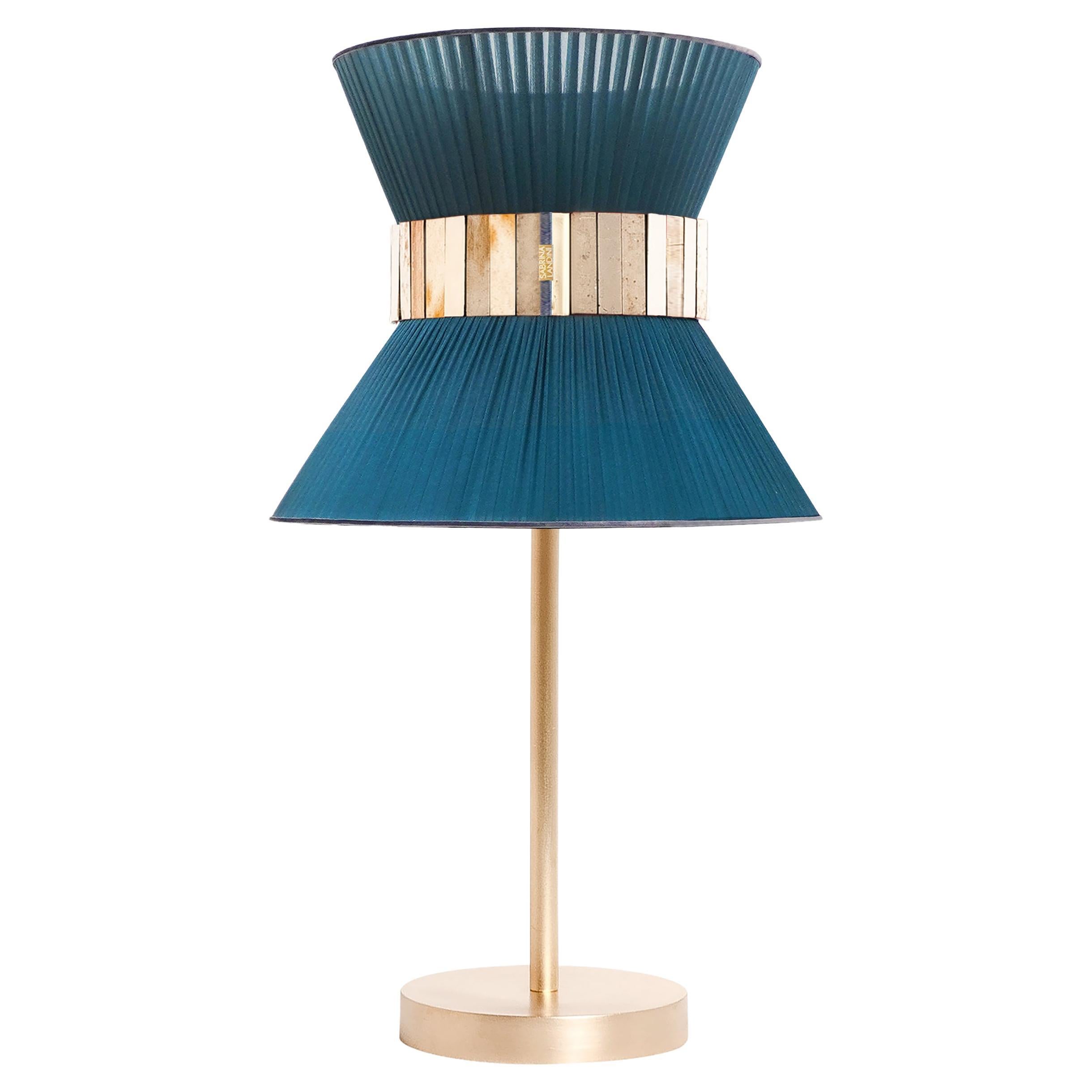 “Tiffany” contemporary Table Lamp 23 Cypress Silk, Antique Brass, Silvered Glas For Sale