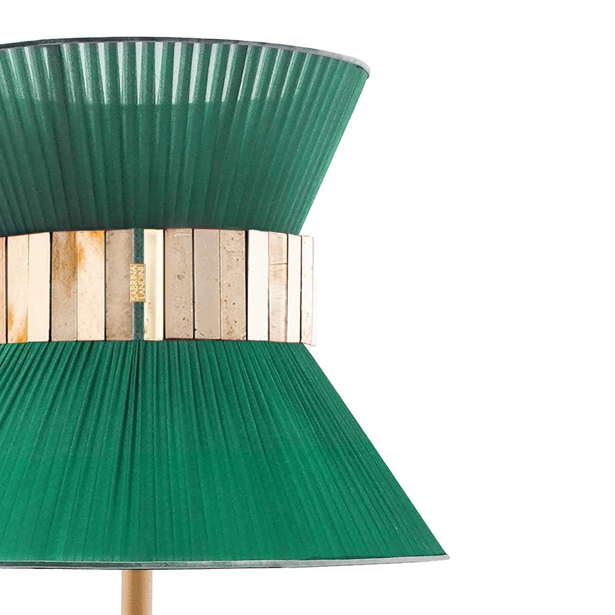 Modern “Tiffany” contemporary Table Lamp 23 Emerald Silk, Antique Brass, Silvered Glas For Sale