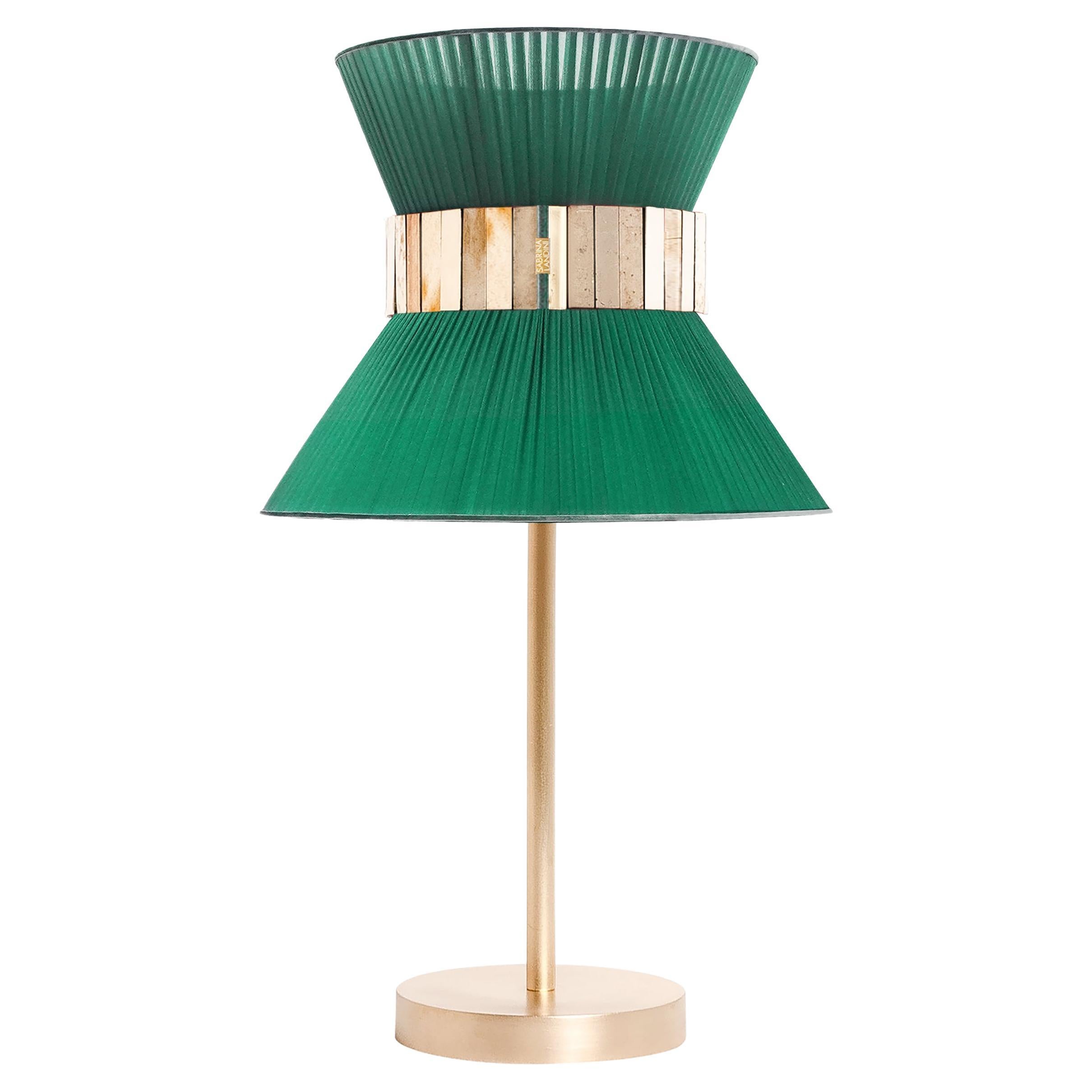 “Tiffany” contemporary Table Lamp 23 Emerald Silk, Antique Brass, Silvered Glas For Sale