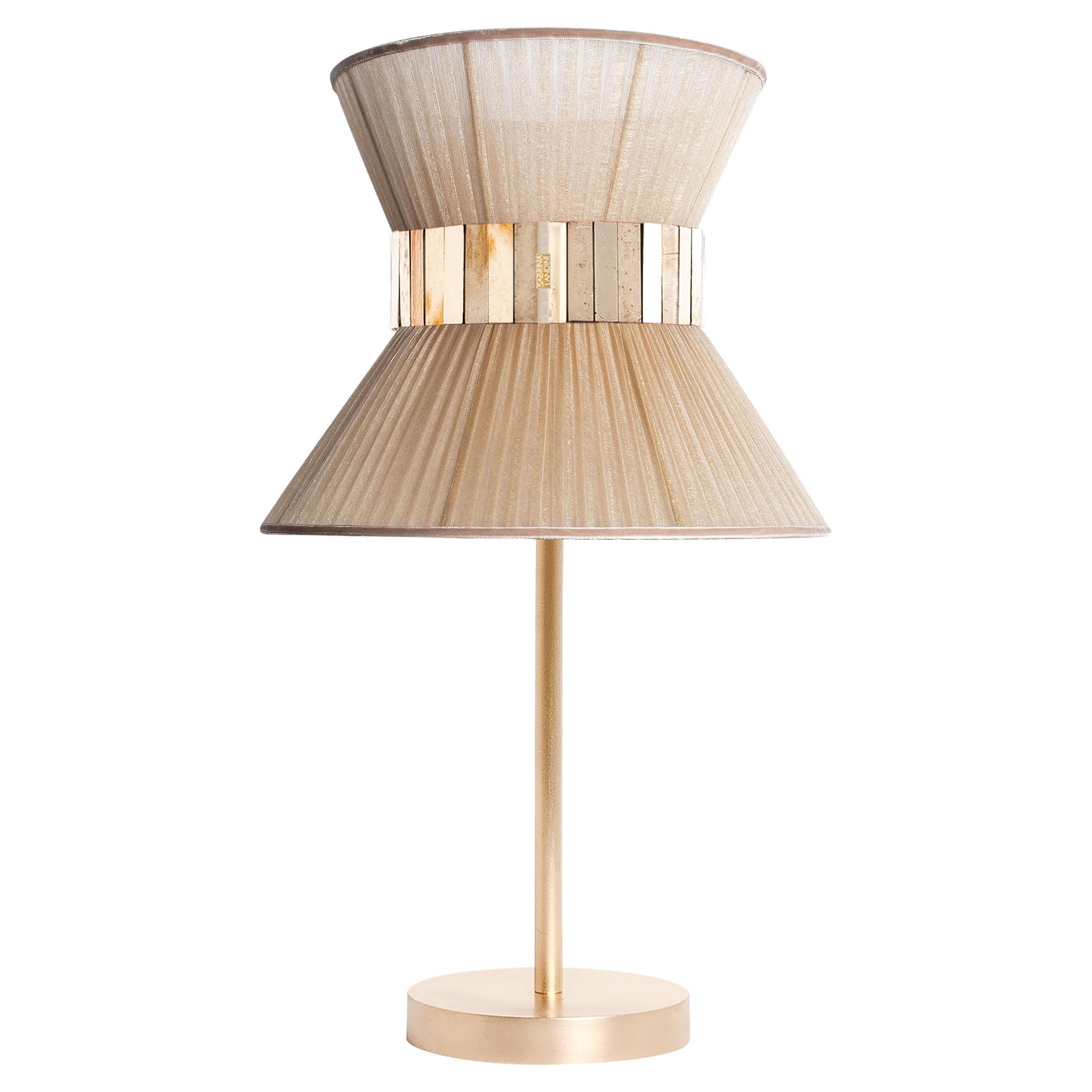 “Tiffany” contemporary Table Lamp 23 Gold Silk, Antique Brass, Silvered Glas For Sale