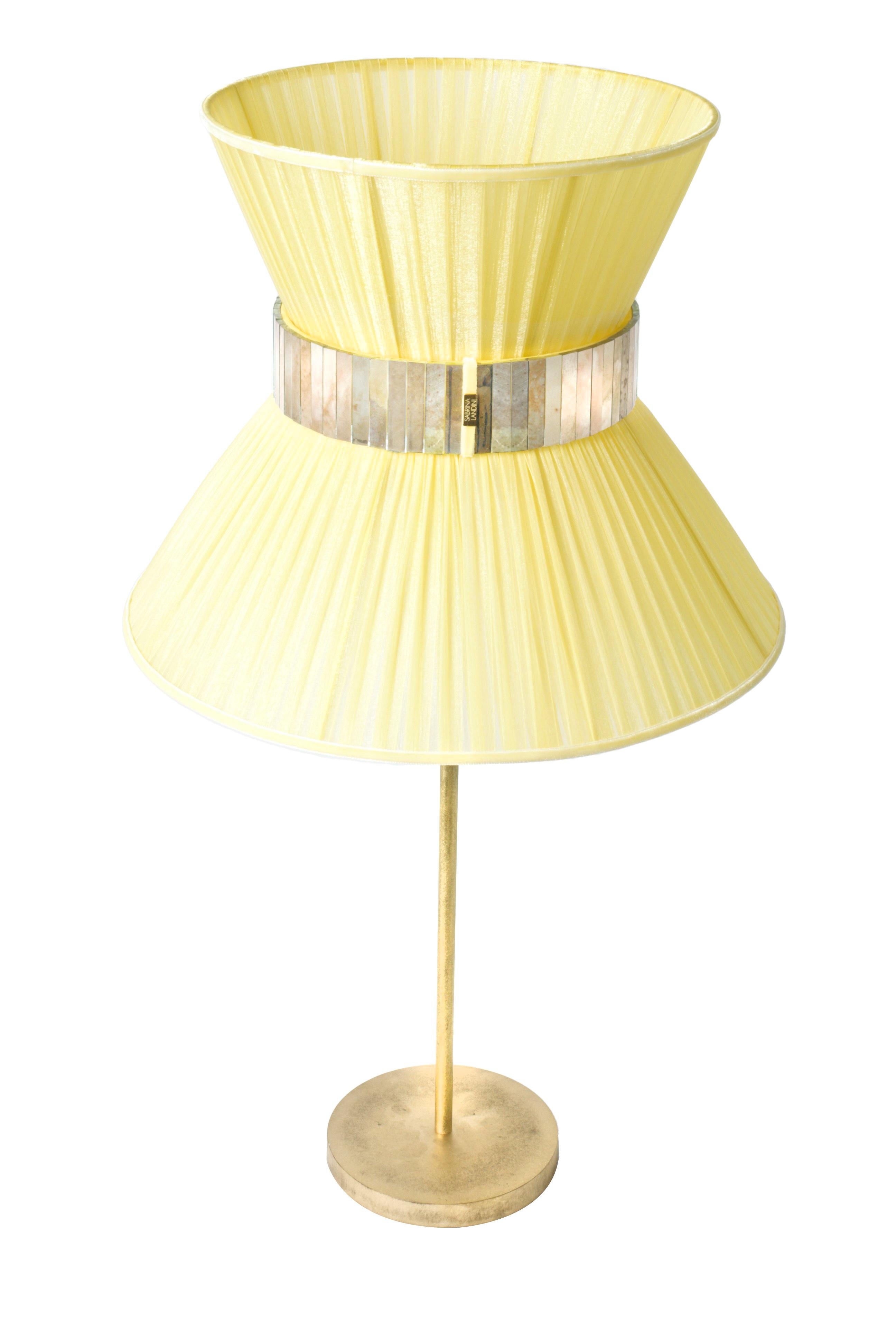 Modern “Tiffany” contemporary Table Lamp 23 Lemon Silk, Antique Brass, Silvered Glas For Sale