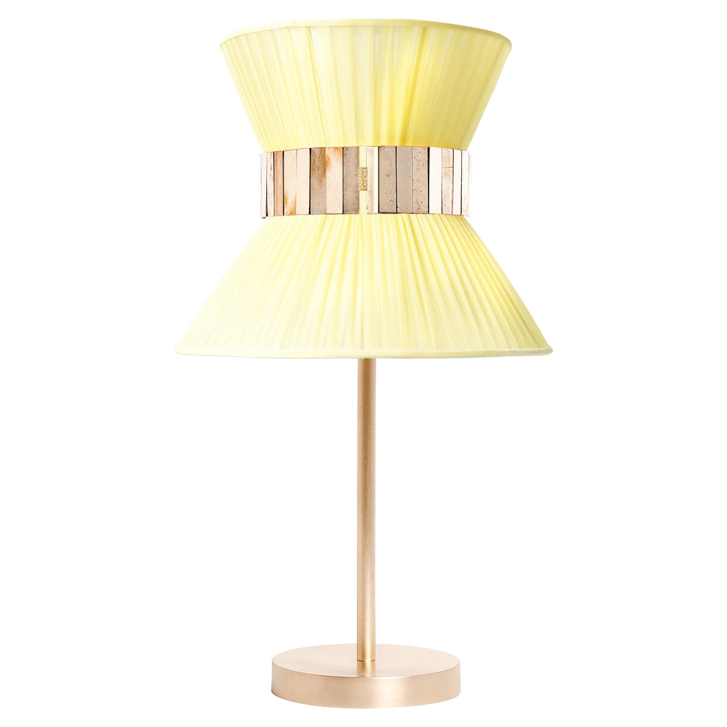 “Tiffany” contemporary Table Lamp 23 Lemon Silk, Antique Brass, Silvered Glas For Sale