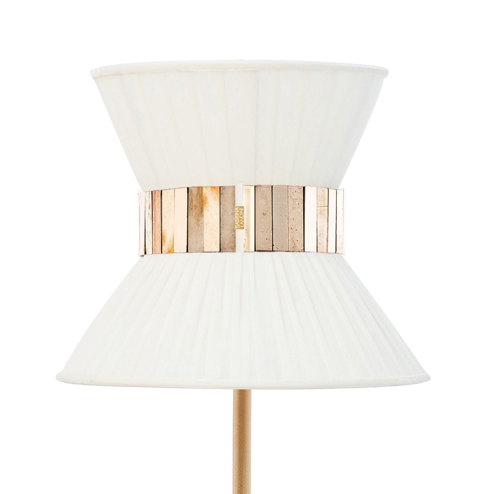 Modern “Tiffany” contemporary Table Lamp 23 Matcream Silk, Antique Brass, Silvered Glas For Sale