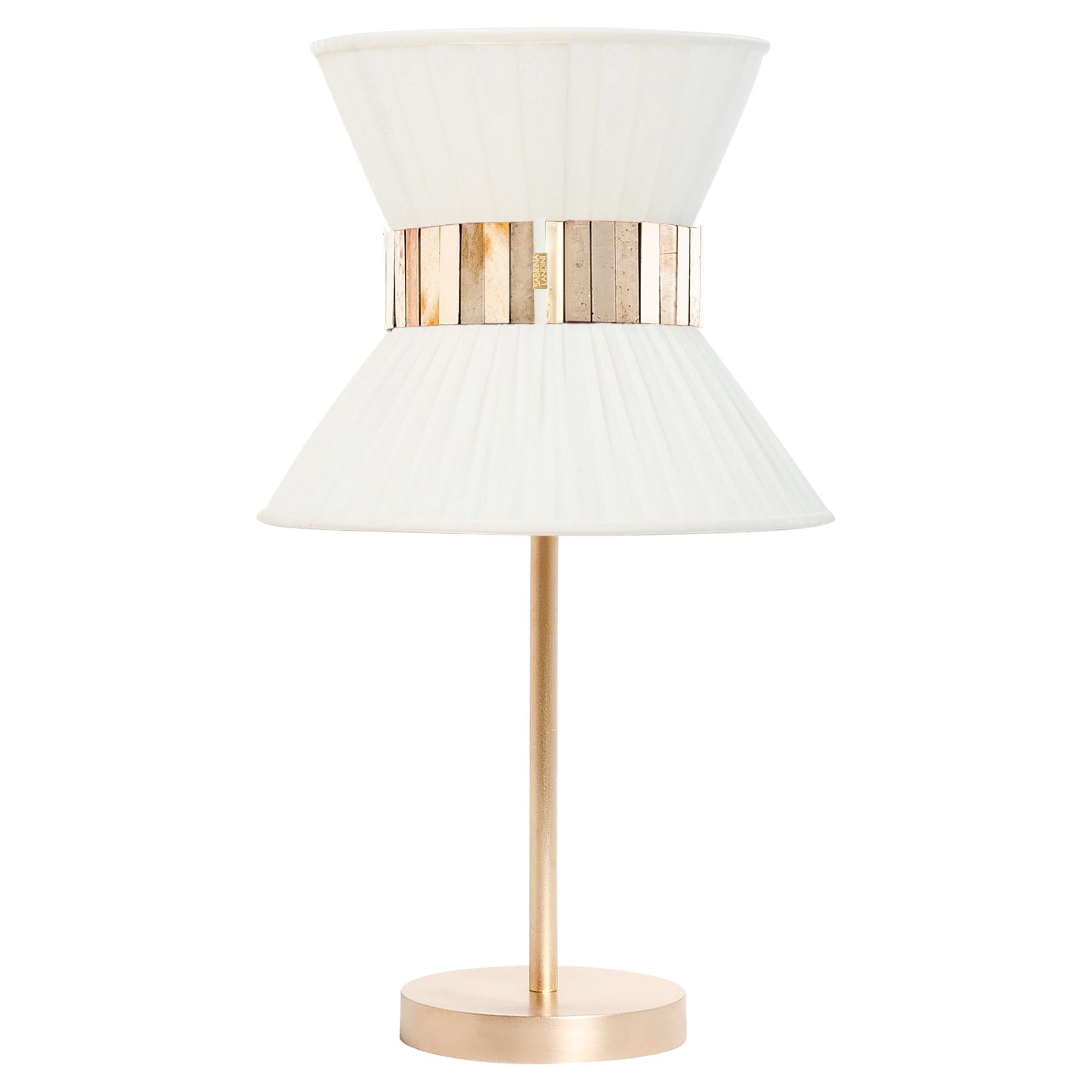 “Tiffany” contemporary Table Lamp 23 Matcream Silk, Antique Brass, Silvered Glas For Sale
