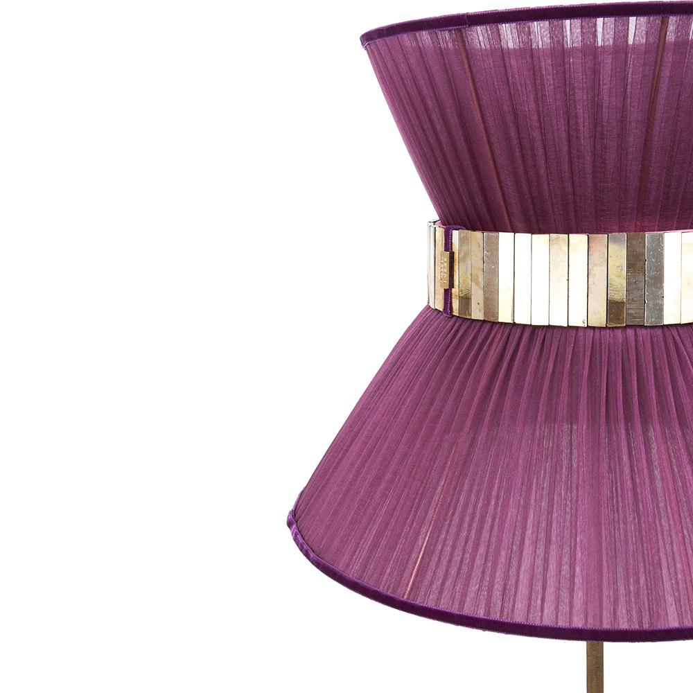 Modern  “Tiffany” contemporary Table Lamp 30 purple Silk, Antiqued Brass, Silvered Glas For Sale